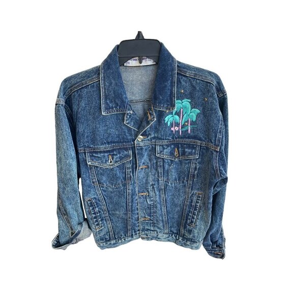 JD Designworks Vintage Womens Jacket Size Large Blue Denim Palm Tree San Diego - Picture 2 of 9